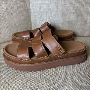UGG Brown Leather Slide Sandals Goldenstar Platform Womens Size US Size 10
